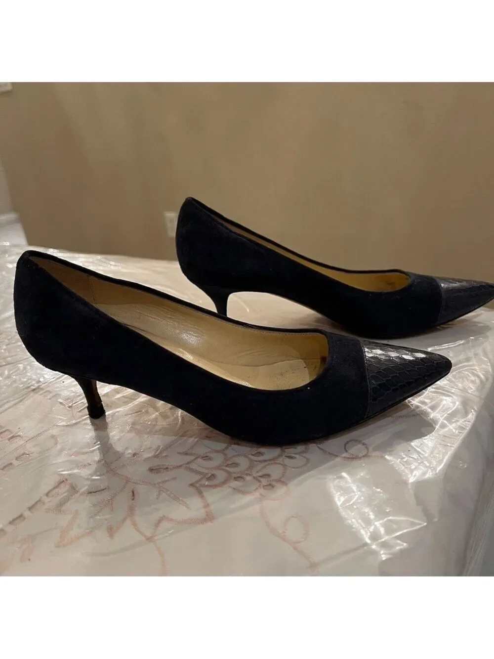 Saks Fifth Avenue Navy Suede & Snakeskin Toe Cap Heels